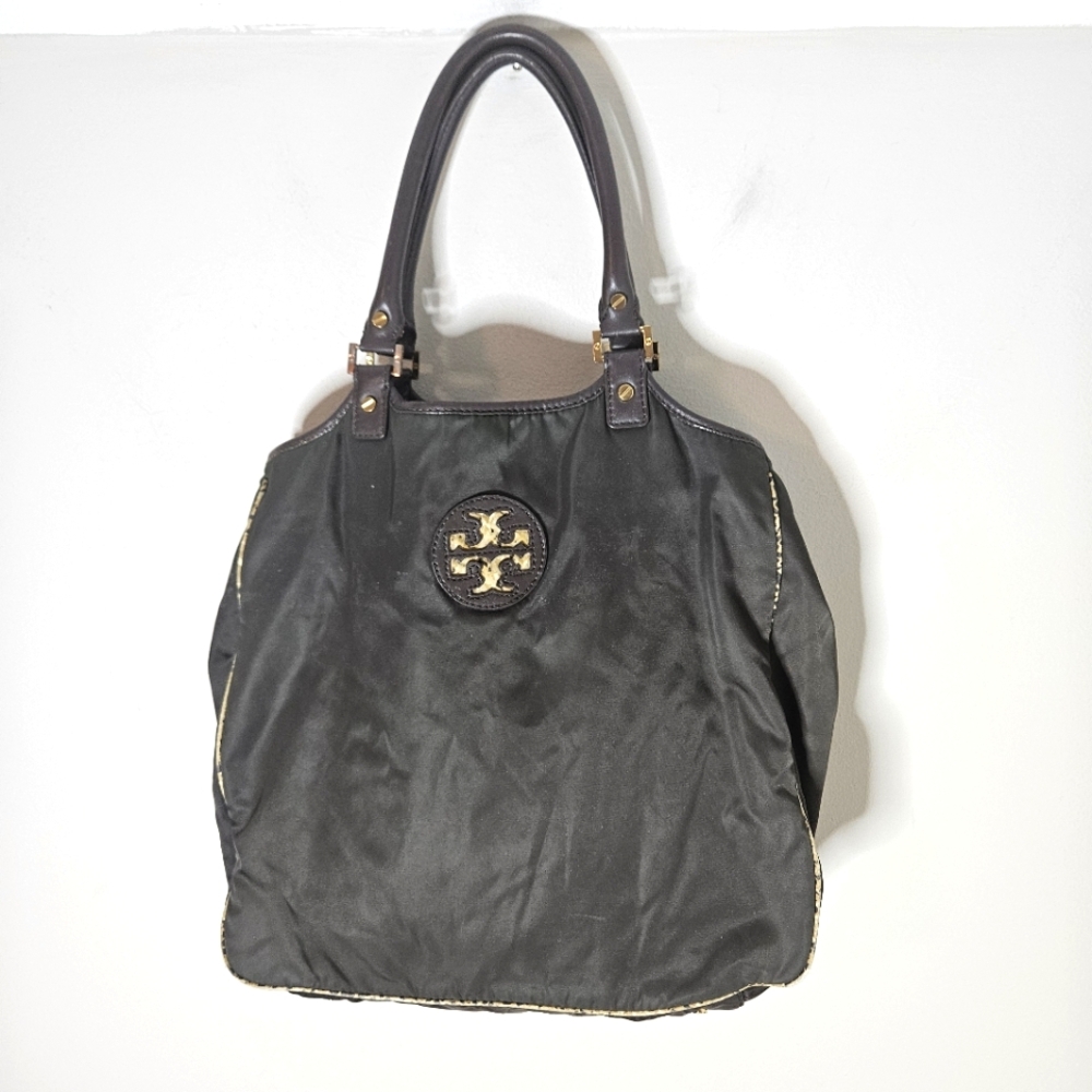 Tory Burch Tote Green Nylon Animal Trim Lining Leather Handles Leopard Logo